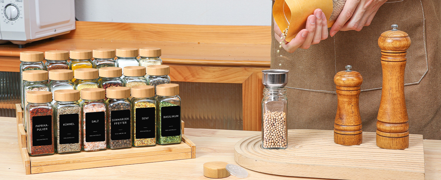 Набір скляних баночок для спецій ComSaf 120 мл (12 шт.) з етикетками, дерев'яними кришками та щільним закриттям