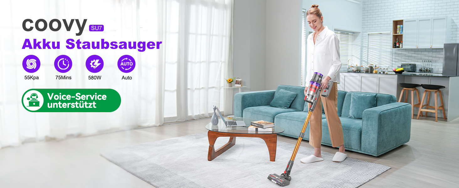 Бездротовий пилосос Coovy SU7 з акумулятором, 580W, 75 хвилин роботи, 55000Pa, великий дисплей, автоматичний режим, для килимів, шерсті тварин, твердих поверхонь