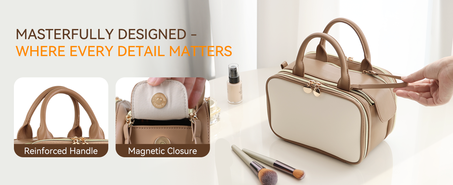 Косметичка для макіяжу Prite з великою місткістю, водонепроникна, з ручкою та кількома відділеннями, бежево-коричнева