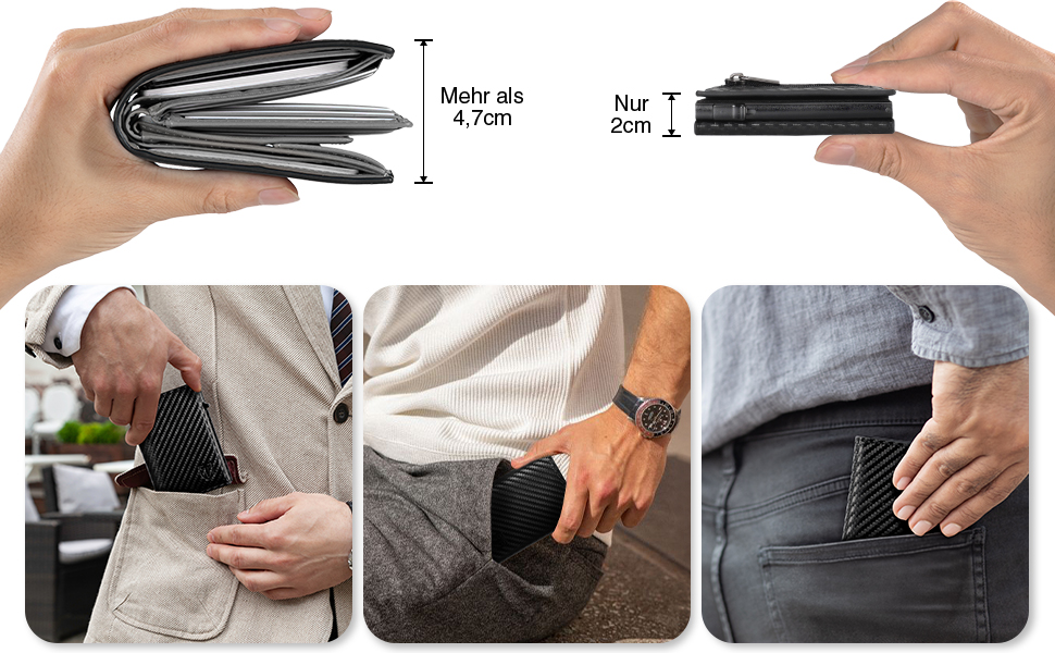 Чоловічий гаманець Portmonee з RFID захистом, Slim Wallet, 10 відділень для карток, з відділенням для монет, з карбону, чорний