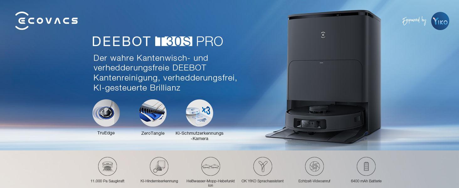 Робот-пилосос ECOVACS DEEBOT T30S PRO OMNI з функцією миття, 11000 Па, технологія ZeroTangle, миття гарячою водою 70°C, TruEdge™ для прибирання кутів, акумулятор 6400 мАг, уникнення перешкод за допомогою AI
