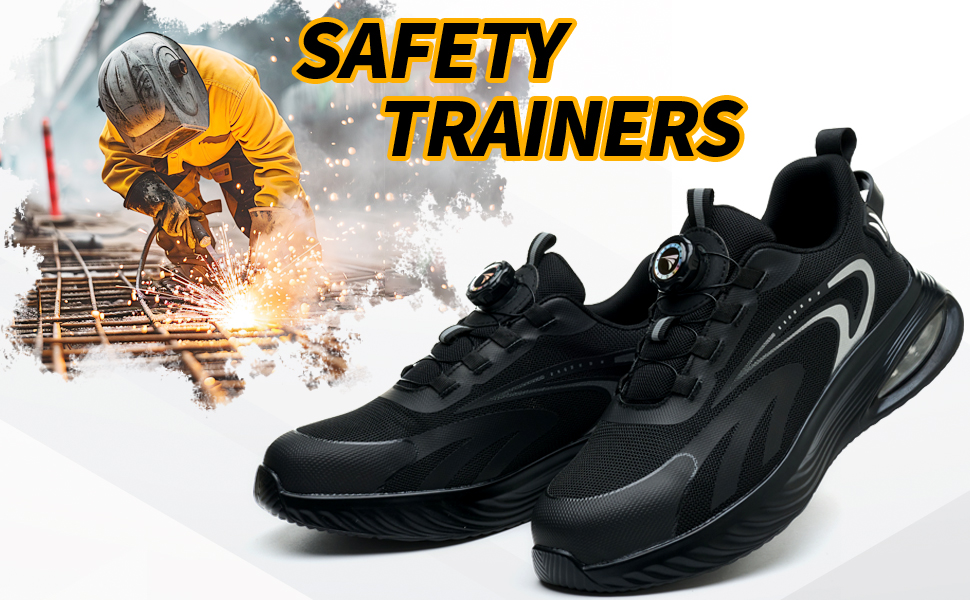 Черевики робочі чоловічі/жіночі, захисні, легкі, спортивні, дихаючі, на шнурках/з поворотним затвором, зі сталевим підноском, 47 EU, чорні