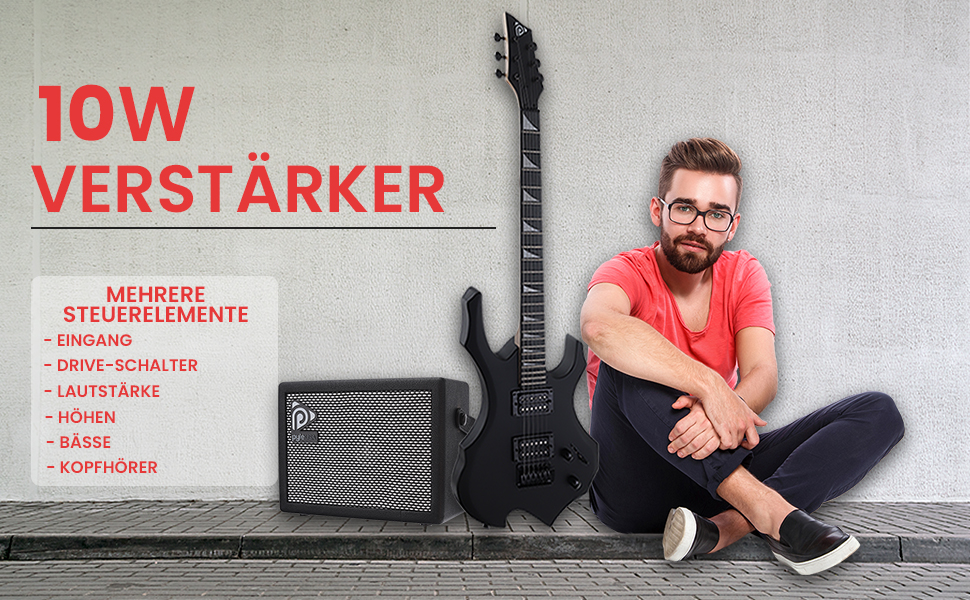 Електрогітара Pyle E – Комплект для гітари з підсилювачем, чохлом, струнами, ременем, тюнером та кабелем, для важкого металу та подорожей, чорна