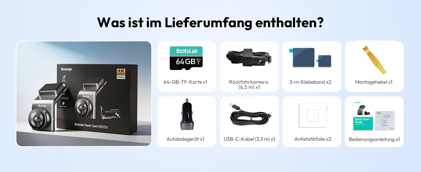 Автомобільний відеореєстратор BOTSLAB G300H Plus Upgrade 4K, передня та задня камери, Sony STARVIS 2, Hardwire-Kit, карта пам'яті 64GB