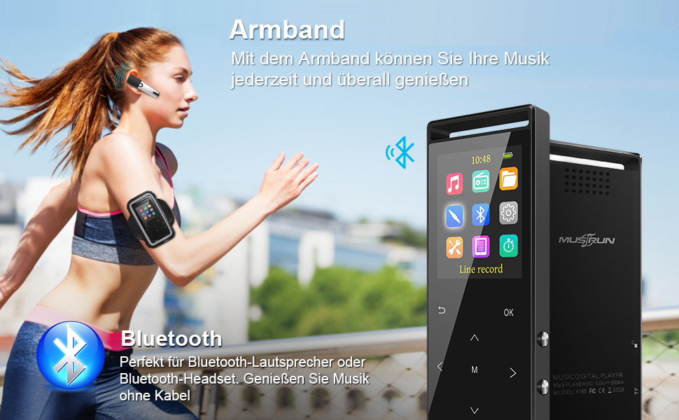 MP3-плеєр 64GB MUSRUN з Bluetooth, HiFi, AUX-запис, FM-радіо, чорний матовий