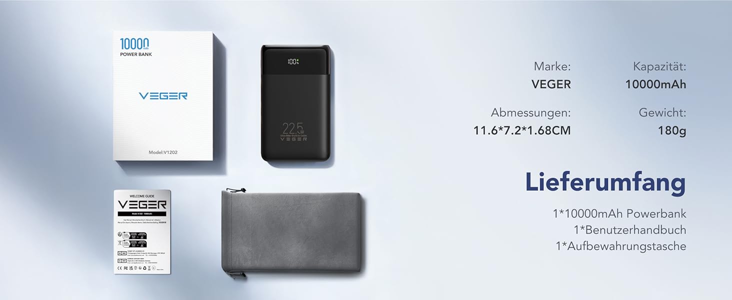 Повербанк VEGER 10000mAh 22.5W з вбудованим кабелем USB-C, швидка зарядка, чорний
