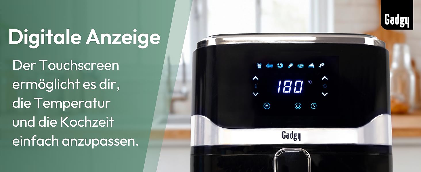Фритюрниця без олії Gadgy 5L з цифровим дисплеєм та скляним вікном - Airfryer з антипригарним покриттям, 1400W, регулювання температури 80-200°C