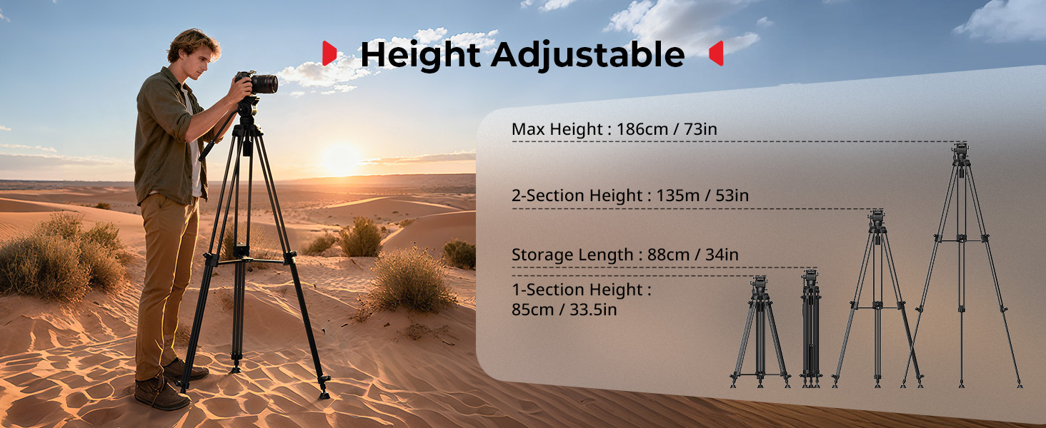 SMALLRIG Статив відеозйомки 73'' з алюмінієвого сплаву, 8кг, QR Plate Manfrotto 501PL, 186см