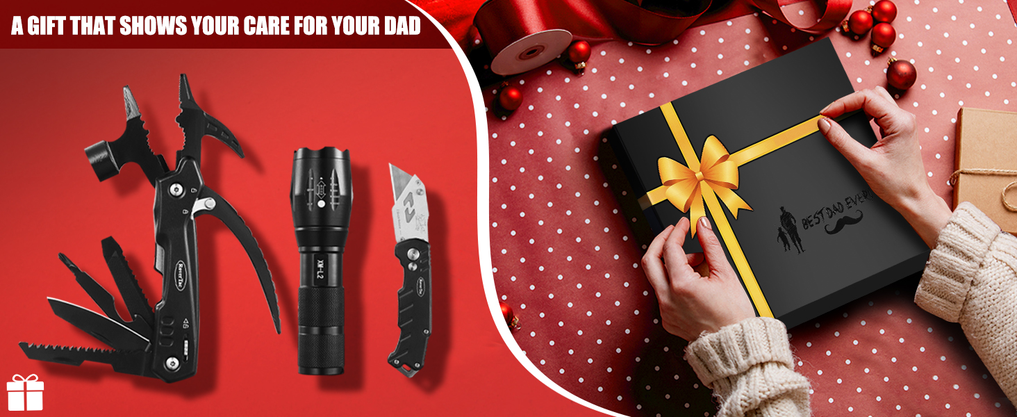 Набір інструментів RoverTac: подарунок для тата, 12-в-1 мультитул, молоток, ліхтарик, ніж, подарункова коробка 'BEST DAD EVER'