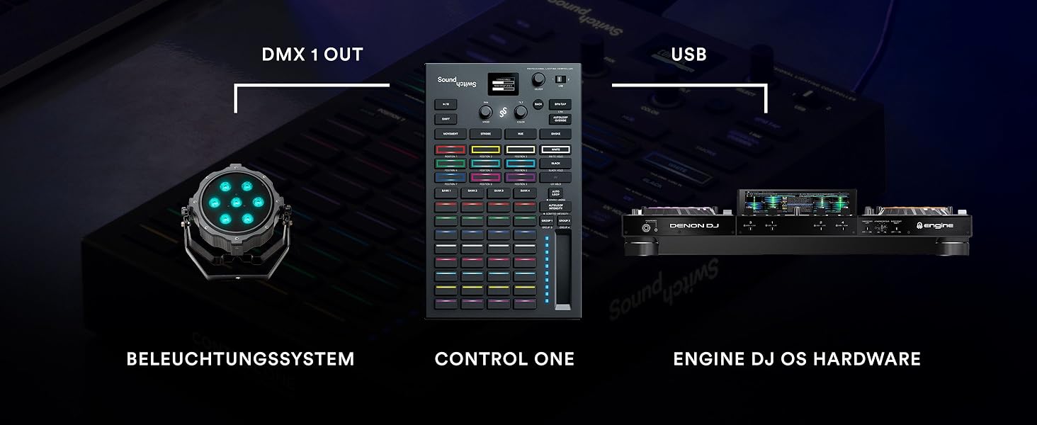 SoundSwitch Control One – Професійний контролер освітлення DMX для DJ з 3 місяцями доступу до програмного забезпечення SoundSwitch, підтримка DMX та Phillips Hue. Чорний колір