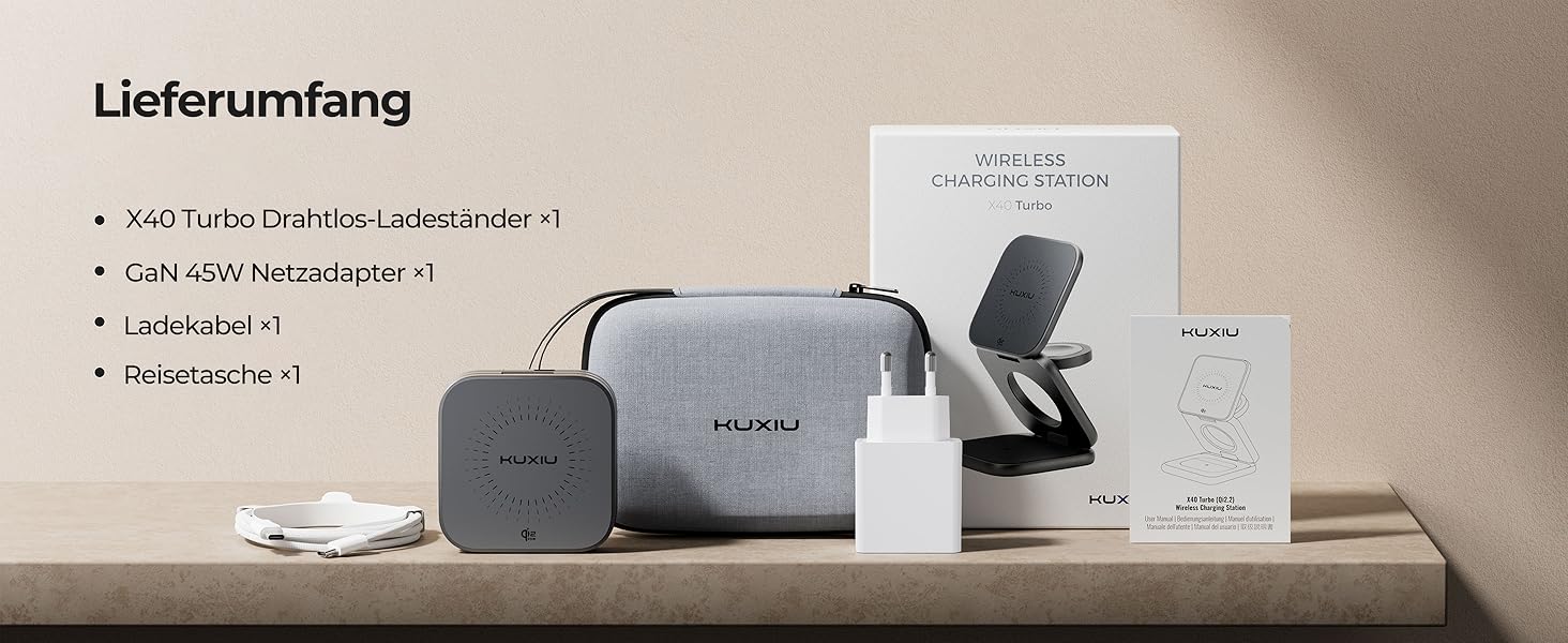 Бездротова зарядка 3-в-1 KU XIU X40 Turbo Qi2.2 25W для iPhone 15/14/13/12, Apple Watch, AirPods, з адаптером GaN 45W, сіра