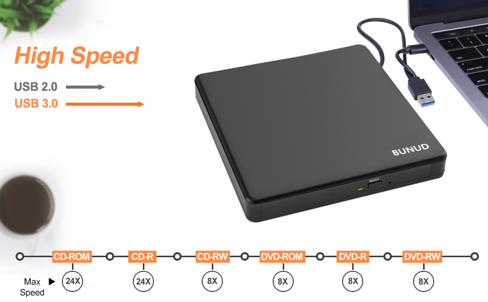 Зовнішній CD/DVD привід BU USB 3.0 & Type-C, DVD+/-RW Brenner з картридером SD/TF та USB-портами для ноутбука, ПК, MacBook, Windows 11/10, macOS, чорний