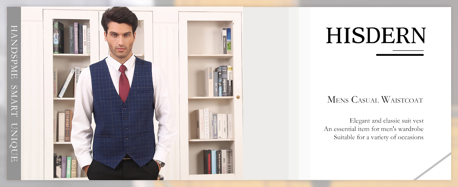 Жилет для чоловіків HISDERN з візерунком у клітинку, блакитний, бавовна | Формальний костюмний жилет