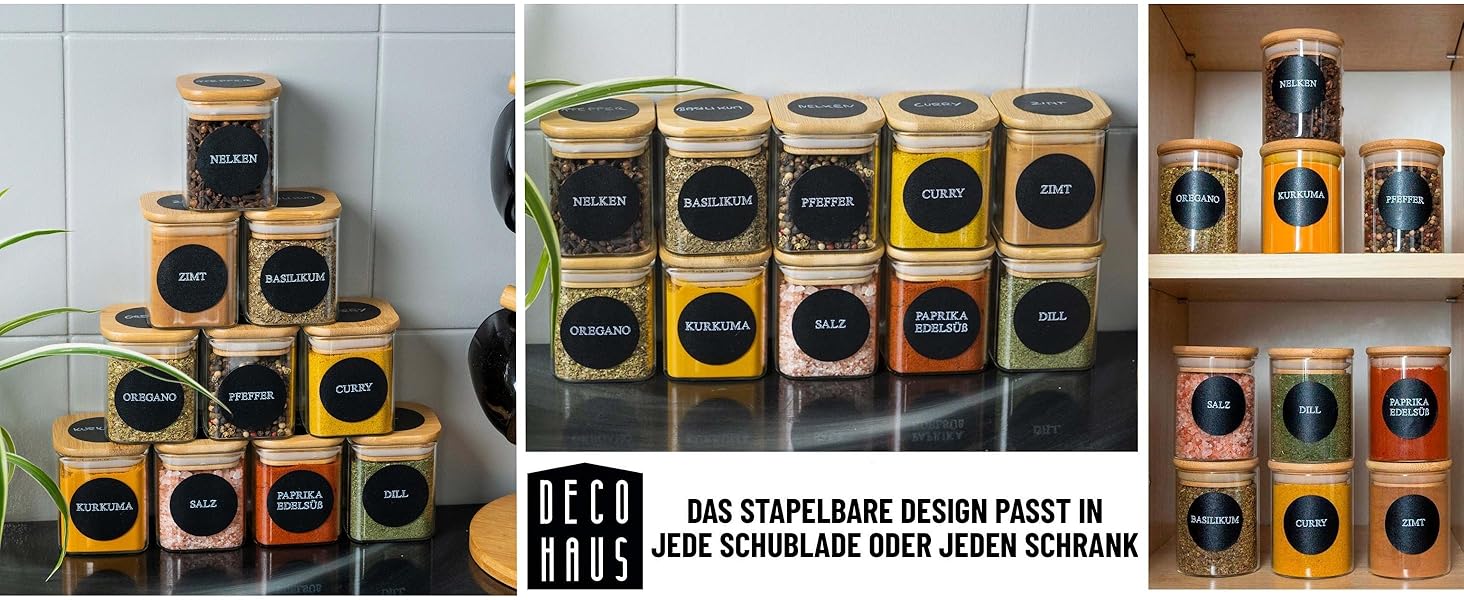 Набір скляних банок для спецій з дерев'яною кришкою Deco Haus, 10 шт, квадратні, герметичні, з етикетками — контейнери для зберігання спецій