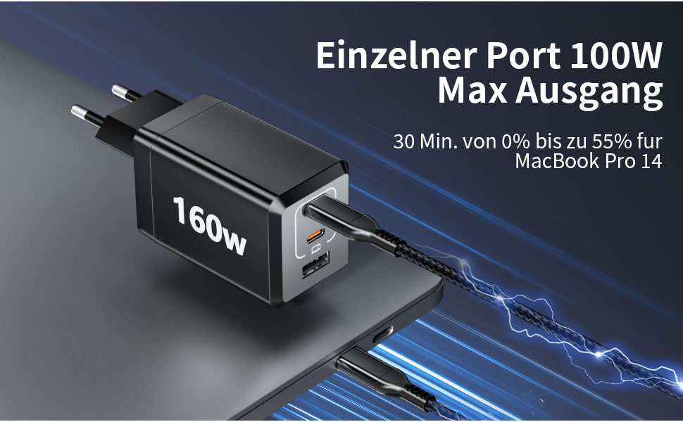 Зарядний пристрій USB-C 160W GaN: Швидка зарядка PPS, 3 порти для MacBook Pro/Air, iPad, iPhone 16/15/14 - Чорний