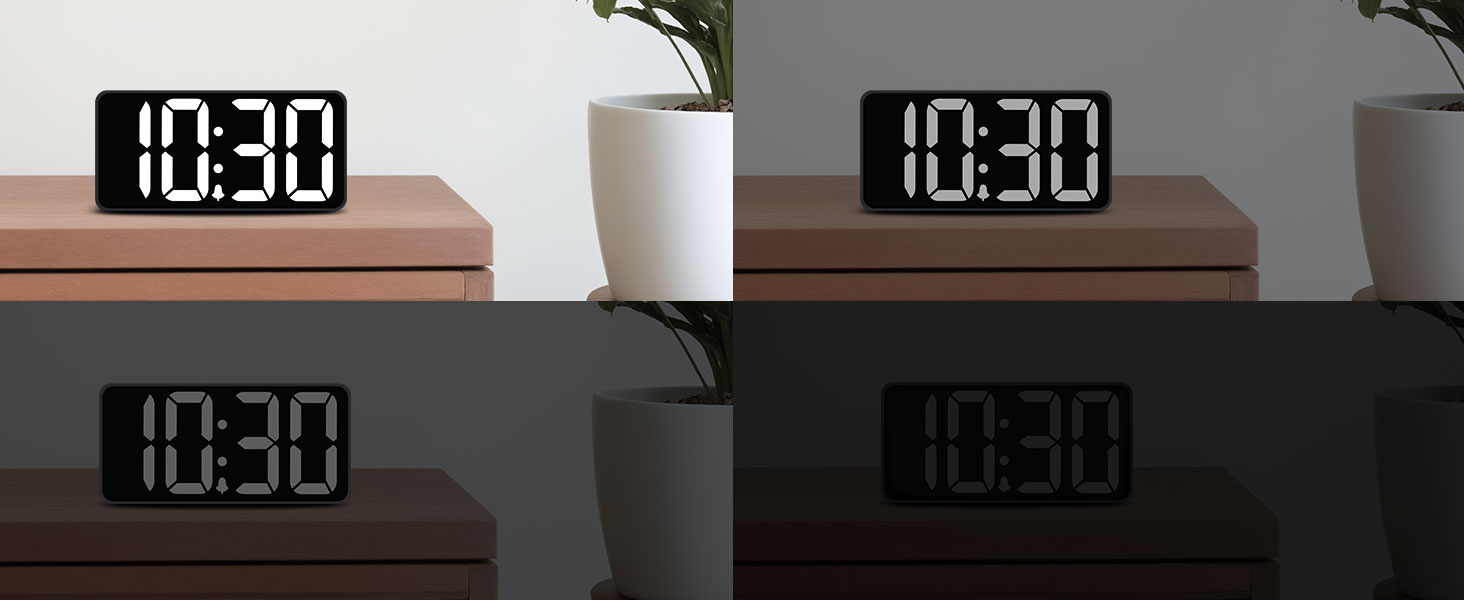 LED-годинник Eachui з USB-зарядкою, великий дисплей, регулювання яскравості та гучності, повторний сигнал, 12/24 год, цифровий годинник, живлення від мережі (чорний & білий)