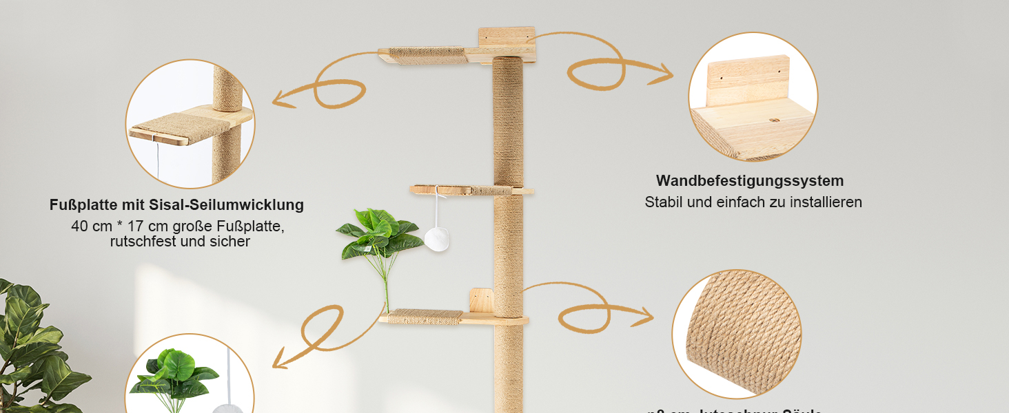 Кігтеточка-стійка для котів 206 см з натурального каучукового дерева, 5 ярусів, настінна, з широкою основою, плюшевими кульками, 360° обертання, XXL кігтеточка для котів для лазіння та дряпання