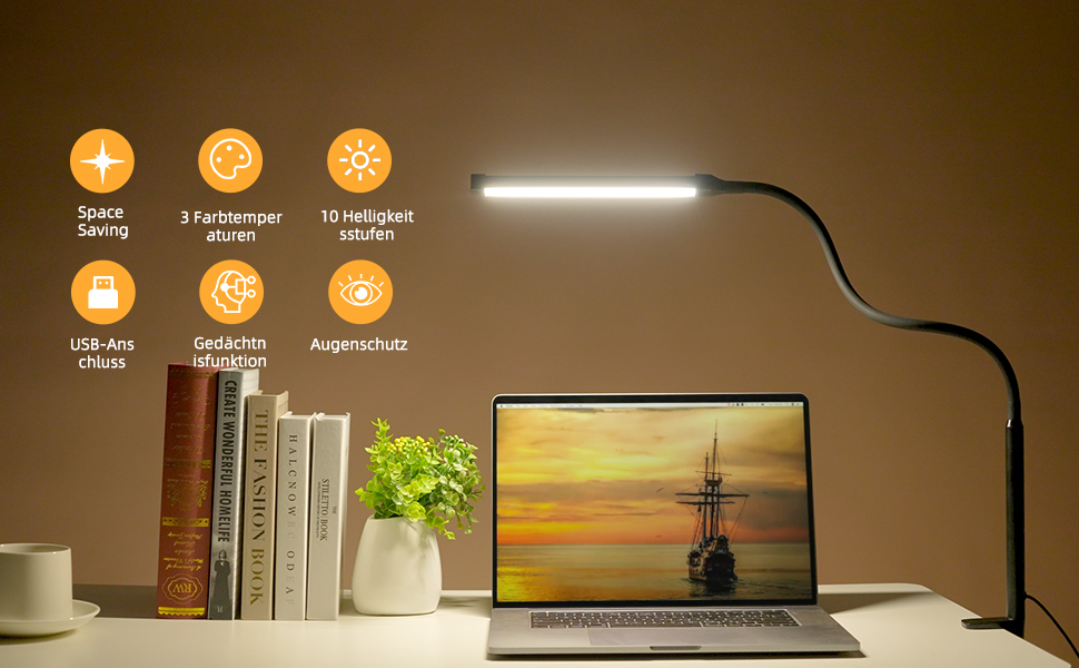 LED лампа для столу з кріпленням, регульована яскравість, 3 кольори та 10 рівнів, захист для очей, чорна