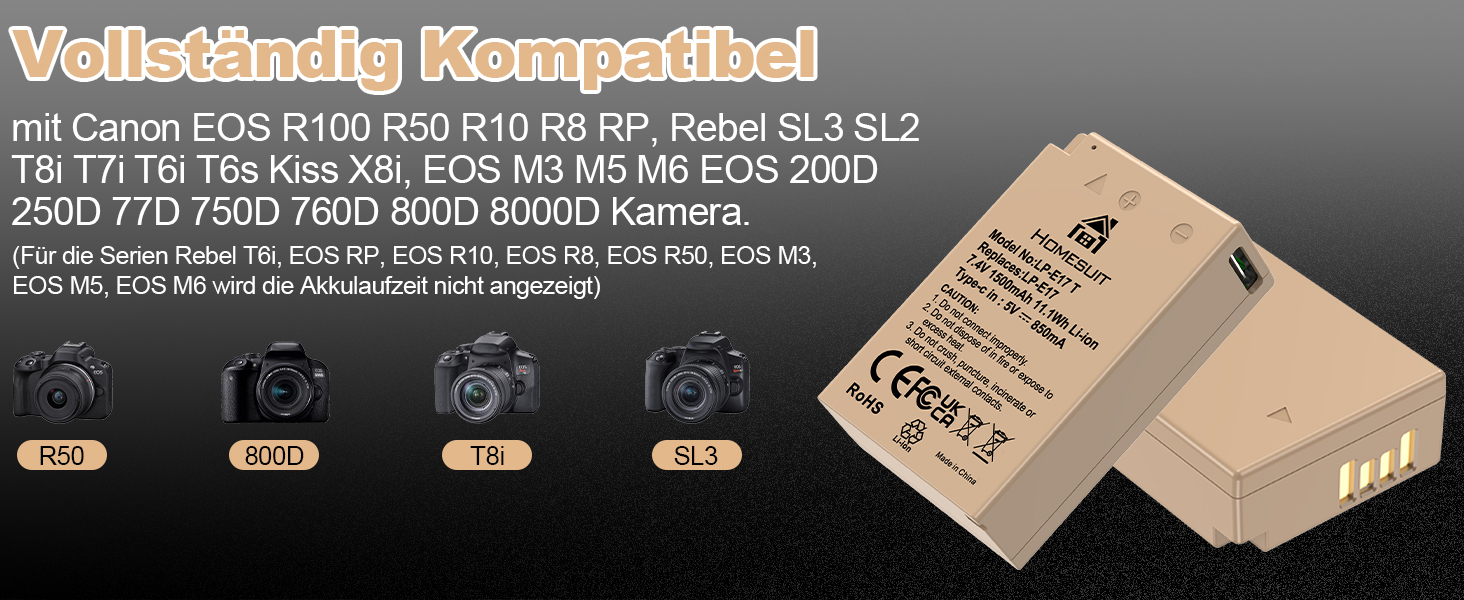 Акумулятор LP-E17 1300mAh та зарядний пристрій Dual USB LED для Canon Rebel SL3, SL2, T8i, T7i, T6i, T6s, EOS R10, R50, R8, RP, M3, M5, M6, 200D, 77D, 750D, 760D, 2x LP-E17 (колір: коричневий)