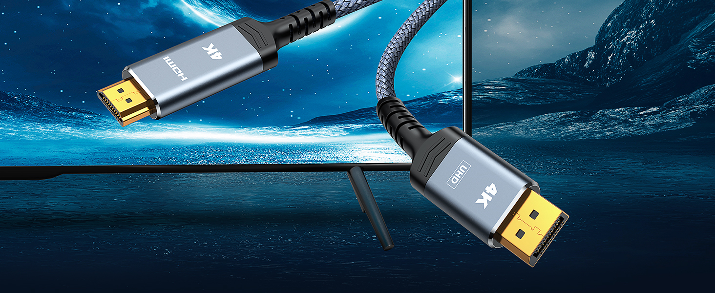 Кабель Highwings DisplayPort до HDMI 1.8м, Nylon, для монітора, телевізора, проектора, ноутбука, ПК