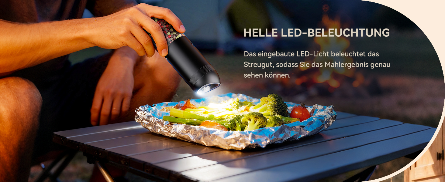 Електрична млин для солі та перцю WONMAKE, з підсвіткою LED, 6 режимів помелу, чорний