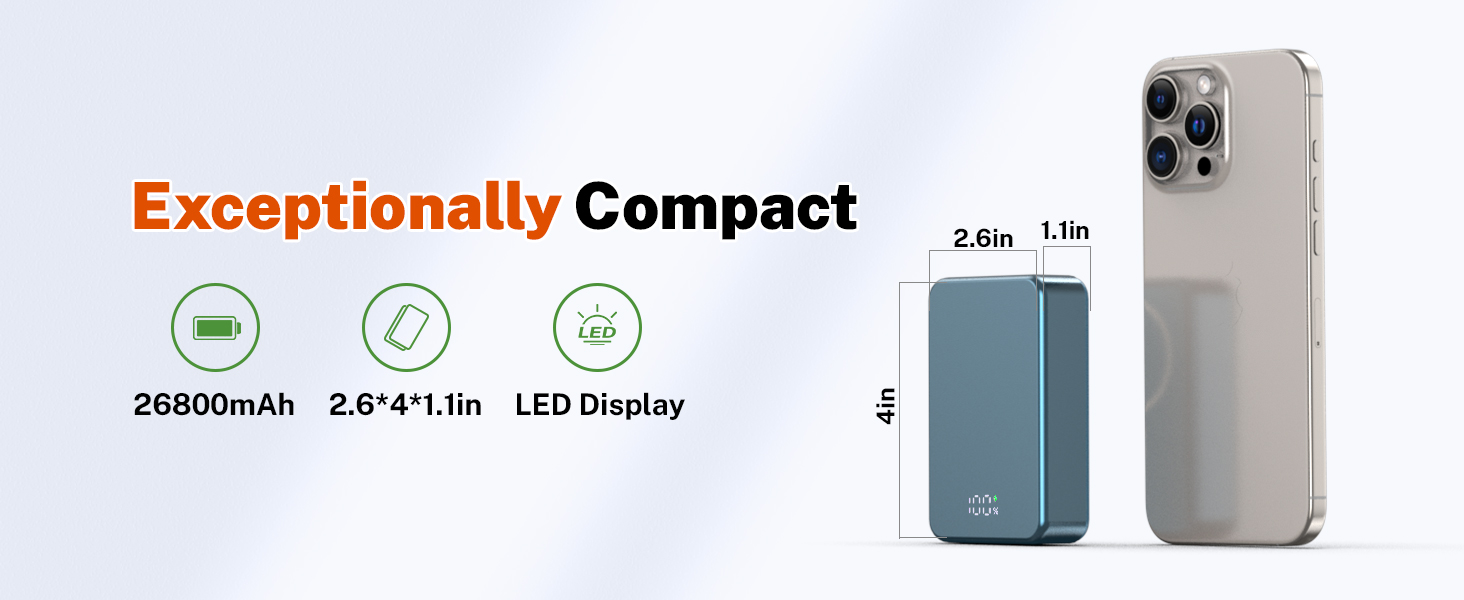 Магнітний Power Bank бездротової зарядки 26800mAh, швидка портативна зарядка з USB-C, для iPhone 16/15/4/13/12 та Android