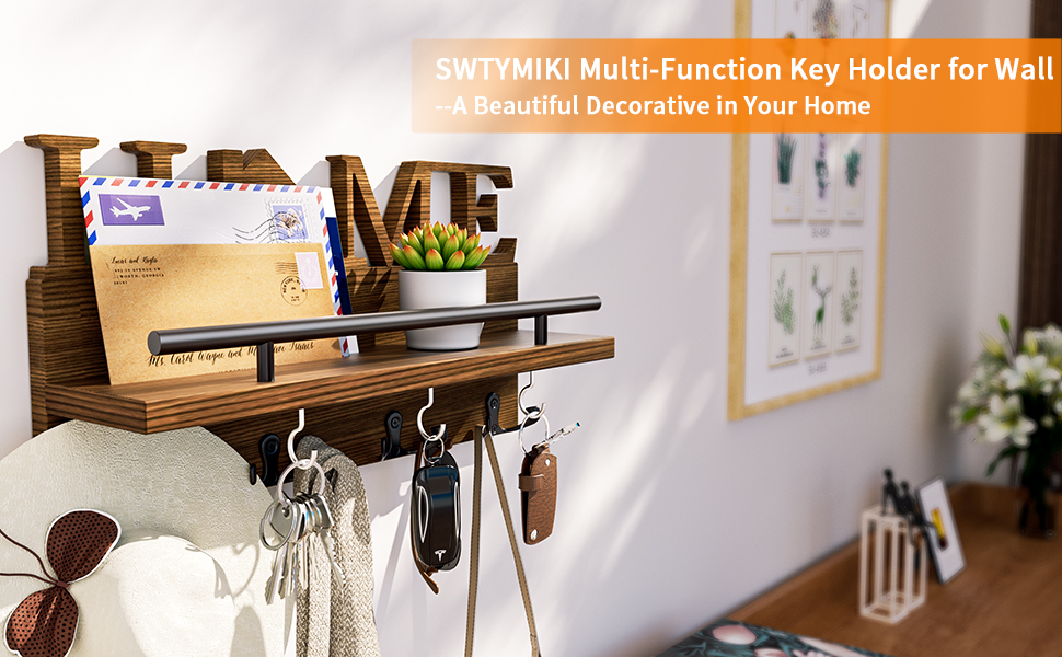 Дерев'яна полиця для ключів SWTYMIKI з 7 гачками - органайзер настінний, ключниця з полицею, браун