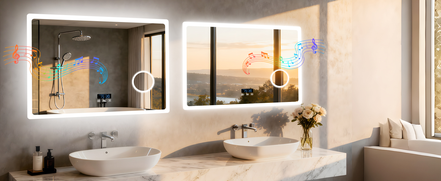 Дзеркало для ванної кімнати LUVODI з підсвічуванням 100x70 см: годинник, температура, дата, проти запотівання, регулювання яскравості, 3 кольори світла, функція пам'яті, LED, Bluetooth, збільшення 3x