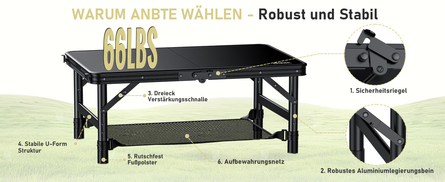 Складний кемпінговий стіл Anbte 58x40 см, алюмінієвий каркас, чорний пластиковий стіл з регульованою висотою (26/48/70 см) для пікніка, саду, балкону з сіткою для зберігання