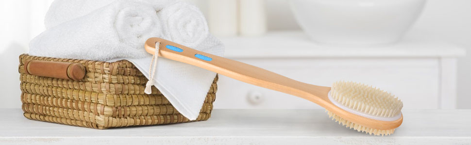 Масажна щітка для спини URAQT з натуральною щетиною, двостороння, з довгим руків'ям для масажу та пілінгу тіла