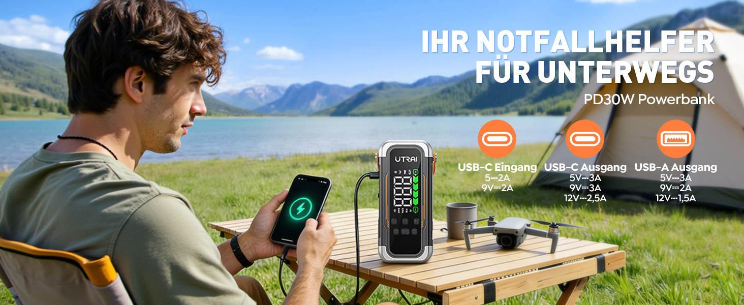 Powerbank для авто UTRAI 6000A з пусковим струмом, компресором та PD 30W – для бензин/дизель (до 10л)