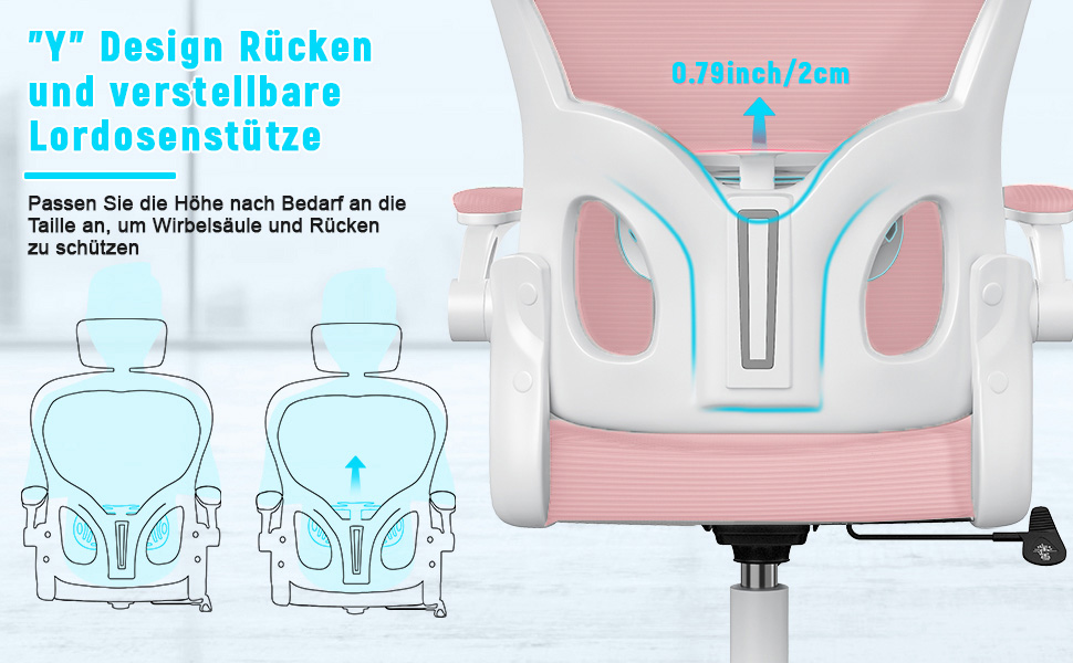 Офісний стіл Rattantree: ергономічний крісло з підтримкою попереку, регульовані підлокітники, регулювання висоти, поворотне крісло з дихаючою спинкою для офісу/кабінету (рожевий, з підголовником)