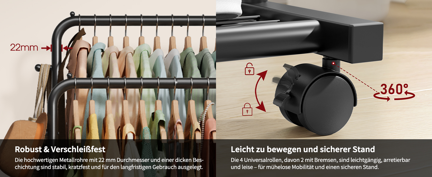 Підвісна штанга для одягу на колесах з сітчастою полицею та гачками, 73 x 42 x 150 см, чорний колір