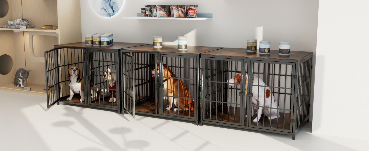 Клітка для собак BingoPaw 2 в 1: дерев'яна клітка-шафа для собак, внутрішнє використання, з роздільною перегородкою та 4 дверима, для 2 маленьких або середніх собак, розмір 90x62x68.5 см, чорна