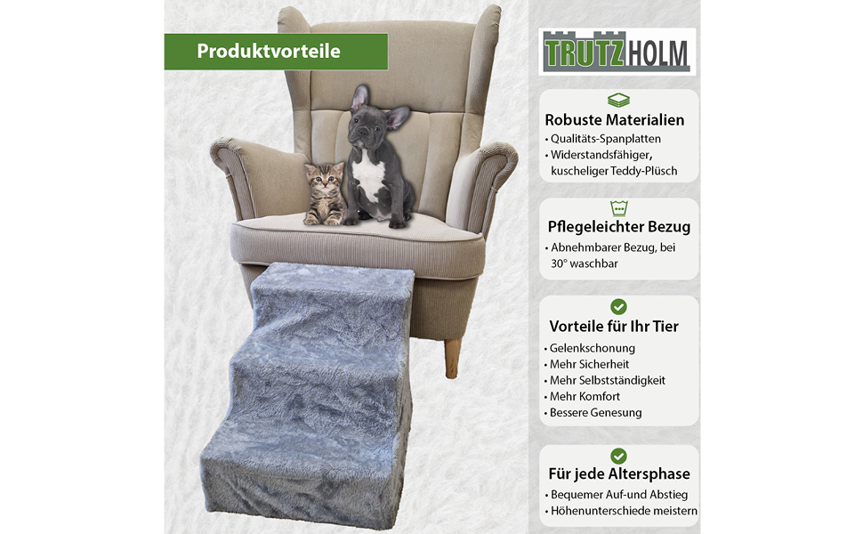 Сходинки для собак TRUTZHOLM - 3 сходинки, пандус для ліжка та дивану, знімний, пральний плюшевий чохол антрацитового кольору, міцні, для собак та котів, для захисту суглобів