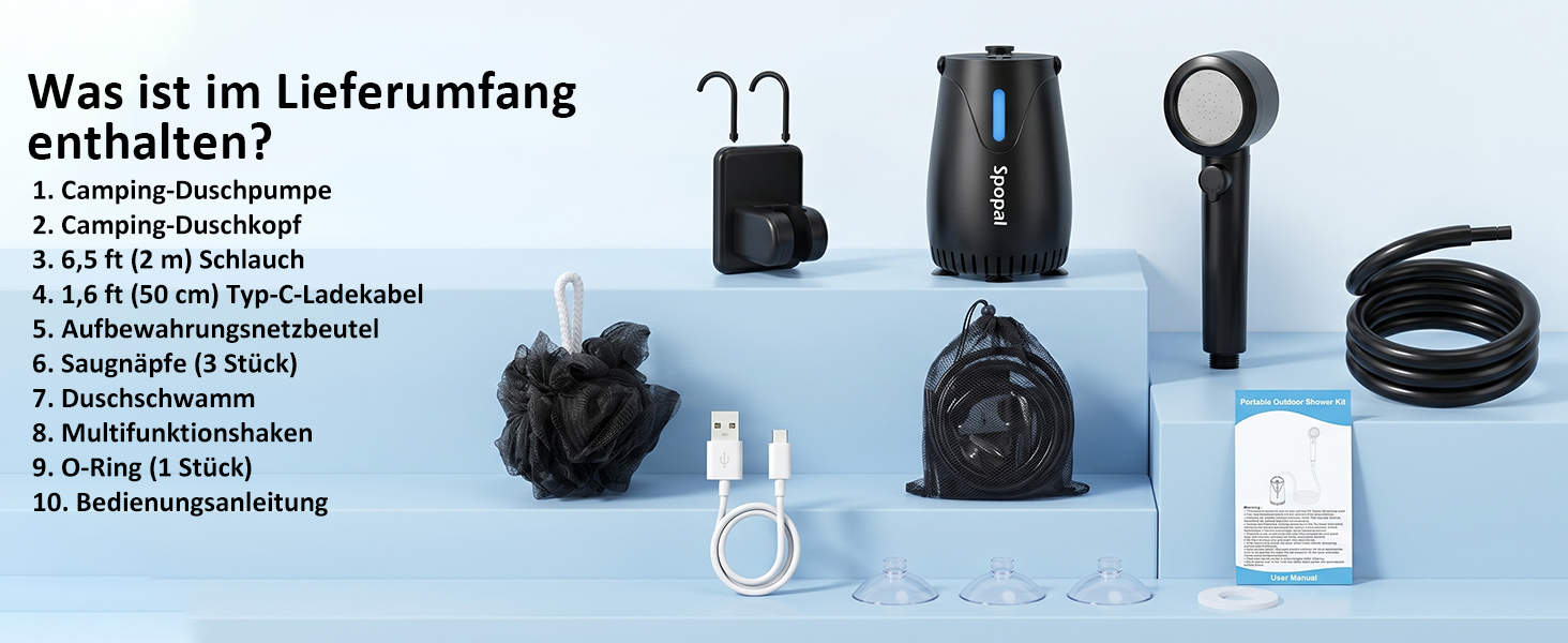 Camping душ Spopal з насосом 8000mAh, портативний, з вимірюванням температури, нічником, IPX8, для подорожей, поливу квітів, автомийки, миття тварин