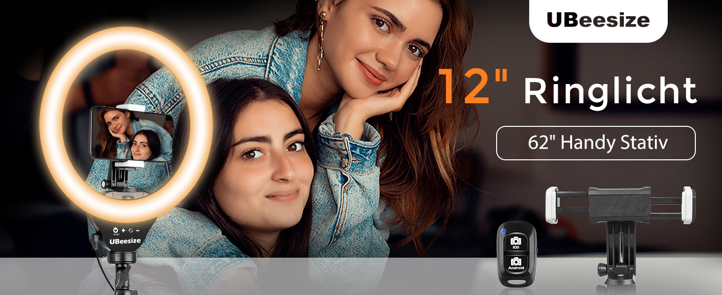 Ringlicht UBeesize 12 дюймів з триподом, 62 дюйми, для відео та стрімінгу, сумісний з телефонами, камерами, веб-камерами, сенсорне керування, білий, теплий, денне світло