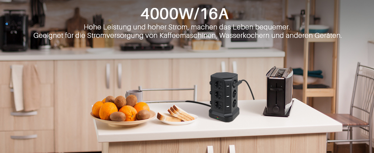 KOOSLA Тур Steckdosenturm 12 Fach з USB (6x) та захистом від перенапруги (4000W/16A) для офісу, кухні, столу, 5м, чорний