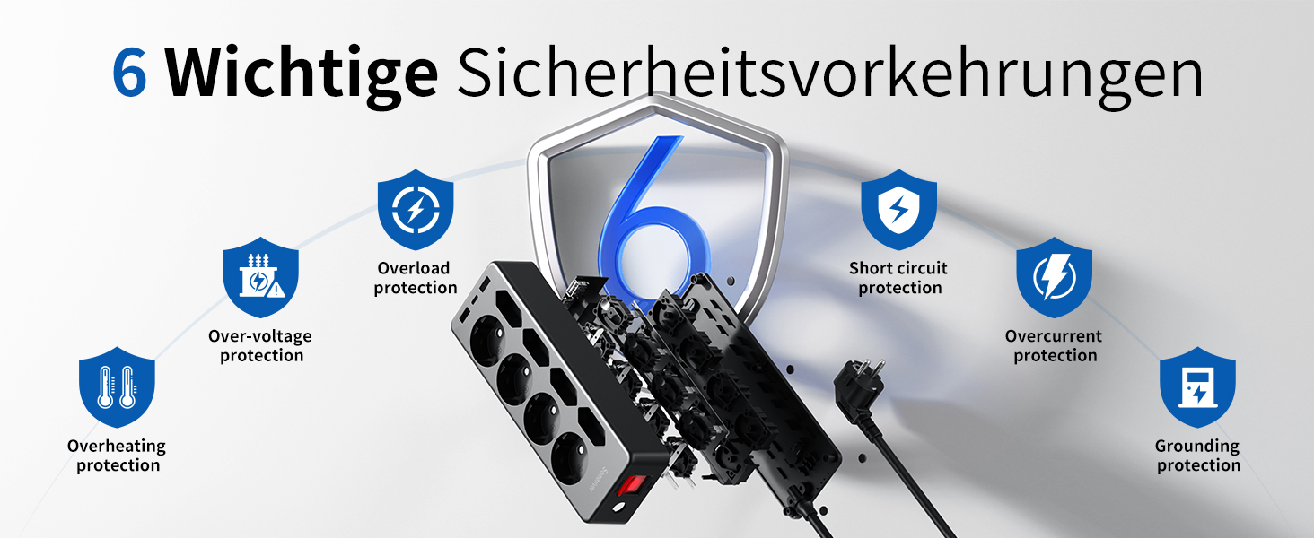 Мережевий фільтр Sameriver 8-фазний з захистом від перенапруги, 3 USB, вимикач, кабель 3M, чорний