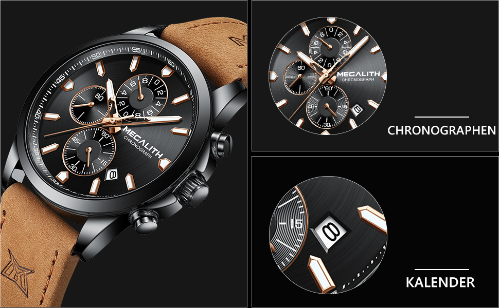 Чоловічий годинник MEGALITH з нержавіючої сталі, хронограф, водонепроникний, великий аналоговий годинник для бізнес-стилю, з календарем та світловим покриттям, коричневий/срібний