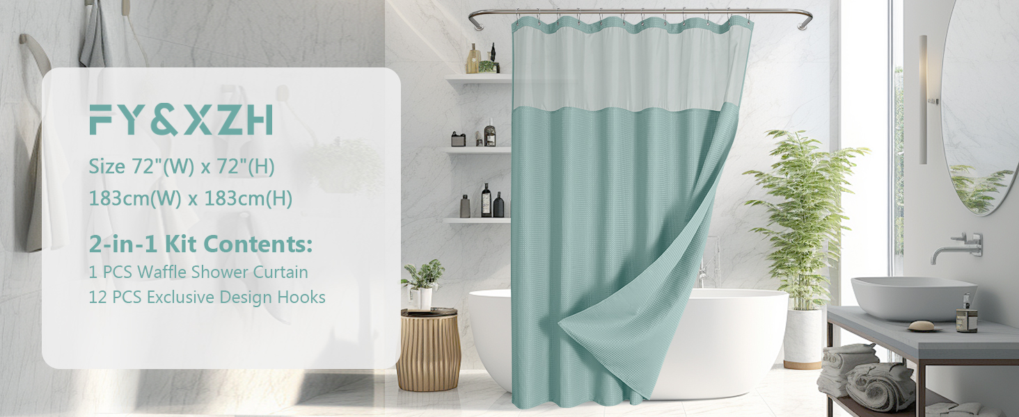 Завіса для душу з тканини вафельного плетіння FY&XZH з гачками, важка, водонепроникна, з покриттям TPU, стиль готелю з сітчастим віконцем, 2 гачки, стійкі до корозії (Зелений, 83 x 83 см)