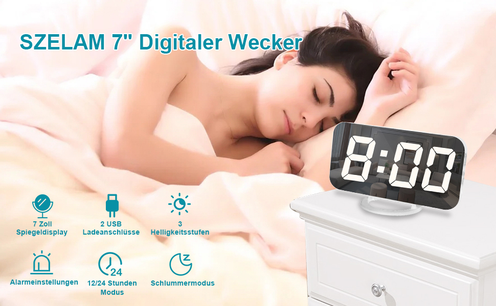Цифровий годинник SZELAM з LED-дзеркалом 7 дюймів, 2 USB-порти, функція відкладання, автоматичне регулювання яскравості, для дому, колір золотий