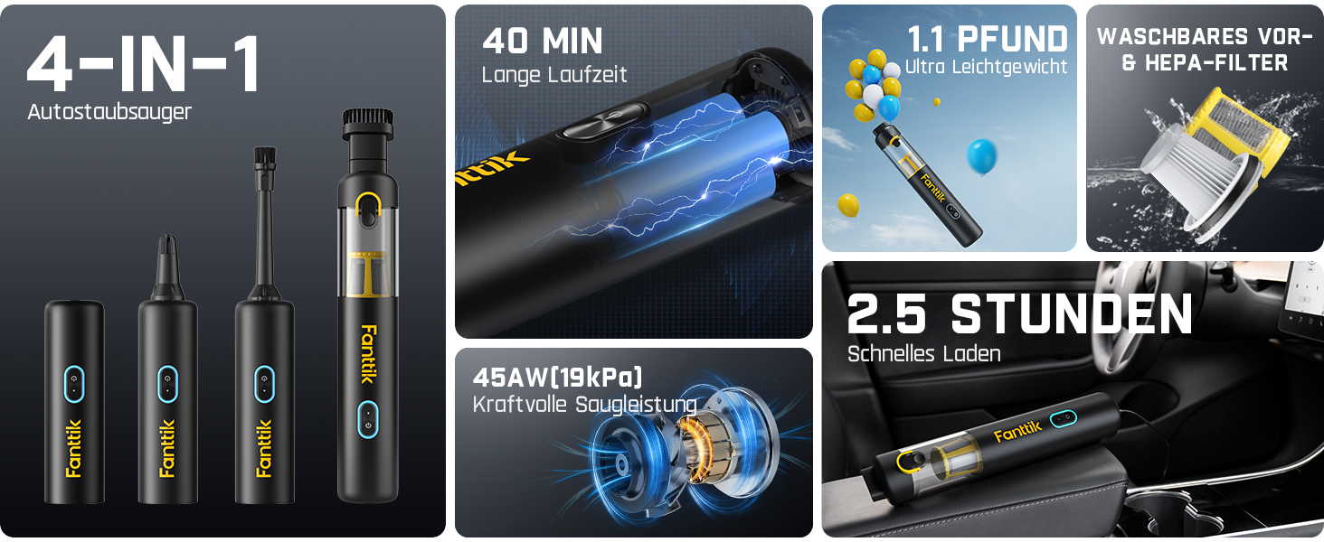Автомобільний пилосос Fanttik Slim V8 APEX акумуляторний, портативний 4-в-1 з високою потужністю 19000 Па/45 Вт, 2 режими, для авто, офісу, клавіатури (чорний)