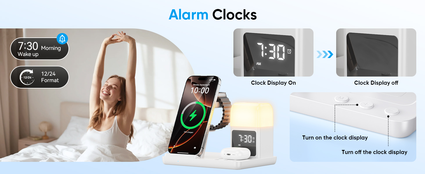 Бездротова зарядка Induktive для iPhone 17/16/15/14/13/12, 6-в-1 з нічною лампою та будильником, сумісна з Apple Watch та AirPods (Біла)