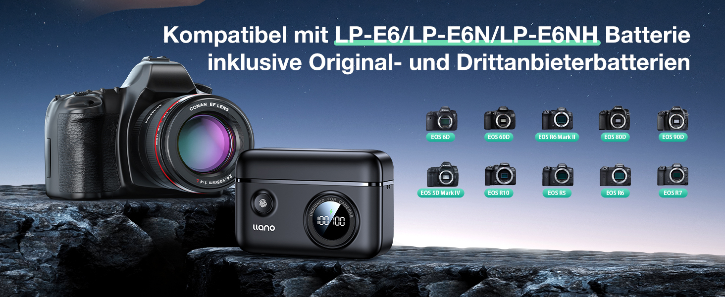Зарядний пристрій для Canon EOS R/R5/R6 Mark II та ін. (2 шт.) з акумуляторами LP-E6NH/LP-E6P, 2400 mAh, 18W, швидка зарядка, LED-індикатор