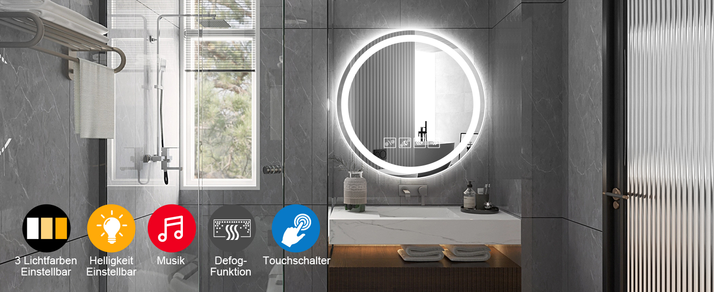 Круглий дзеркало для ванної кімнати з LED-підсвічуванням, 60 см, з функцією проти запотівання, сенсорним перемикачем та Bluetooth, регульована яскравість, 3000K/4000K/6500K, HD-загартоване скло, 600*600 мм