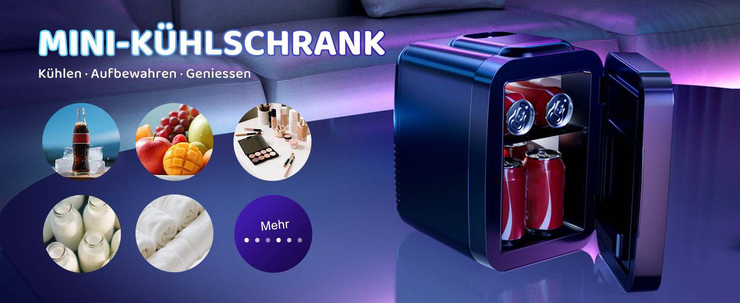 Міні холодильник MF01C з 7 режимами підсвічування та ефектом миготливої вивіски, тиха функція охолодження/підігріву, AC/DC, 4L/6 банок, для ігрової кімнати, спальні, офісу та авто, чорний