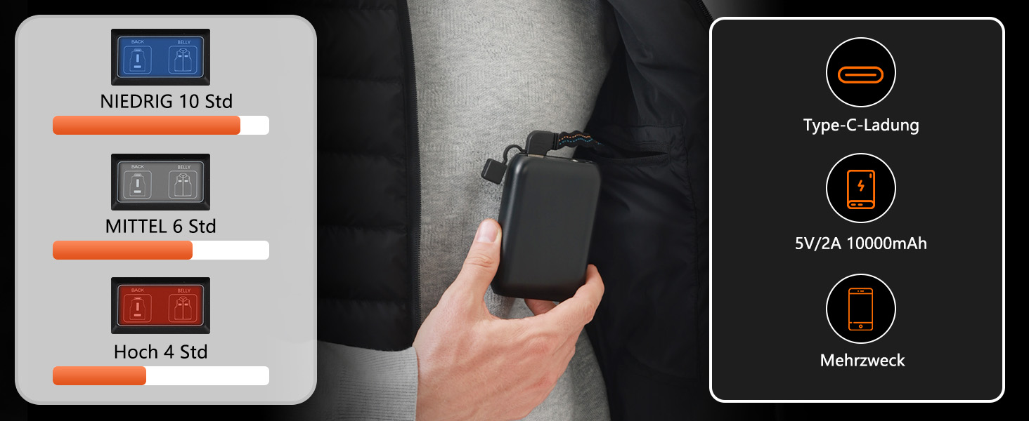 Гріюча жилетка для чоловіків та жінок з акумулятором 10000mAh, 5 зон обігріву, 3 режими температури, подвійне керування, чорна, для зимових активностей