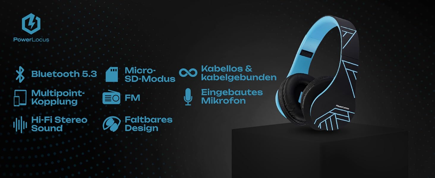 Бездротові навушники PowerLocus Over-Ear з Bluetooth, мікрофоном, складна конструкція, м'які амбушюри, Hi-Fi стерео звук, бас, для дітей та дорослих, TV/PC/Home Office (Чорний/Синій)