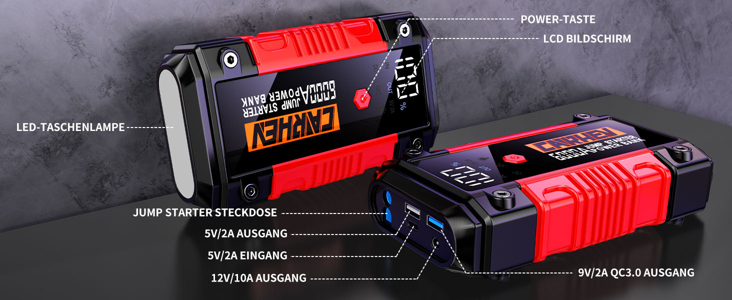 Портативний пусковий блок StarThilfe Powerbank для автомобіля, 6000A, 12V, для бензинових та дизельних двигунів до 10L, з LED ліхтариком